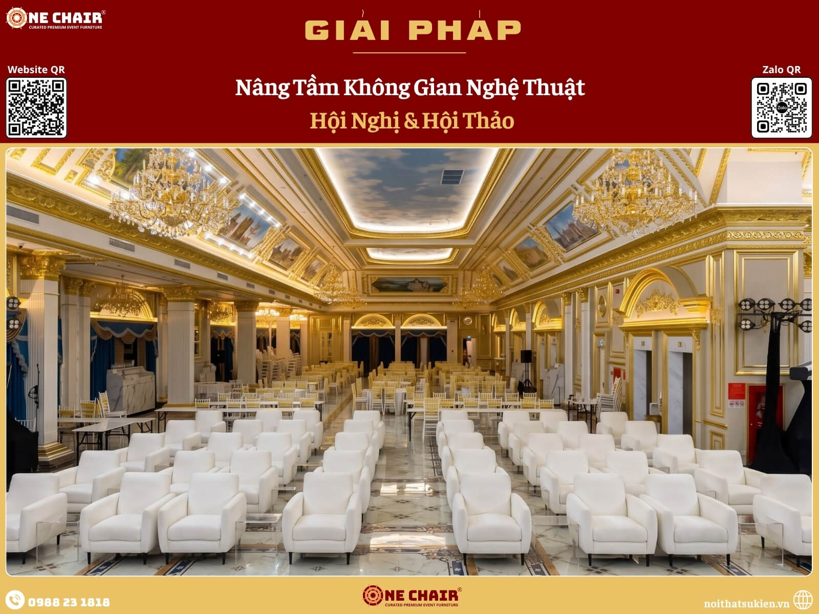 Khán phòng hội nghị bố trí kiểu lớp học classroom với bàn module và ghế tiệc cao cấp đồng bộ