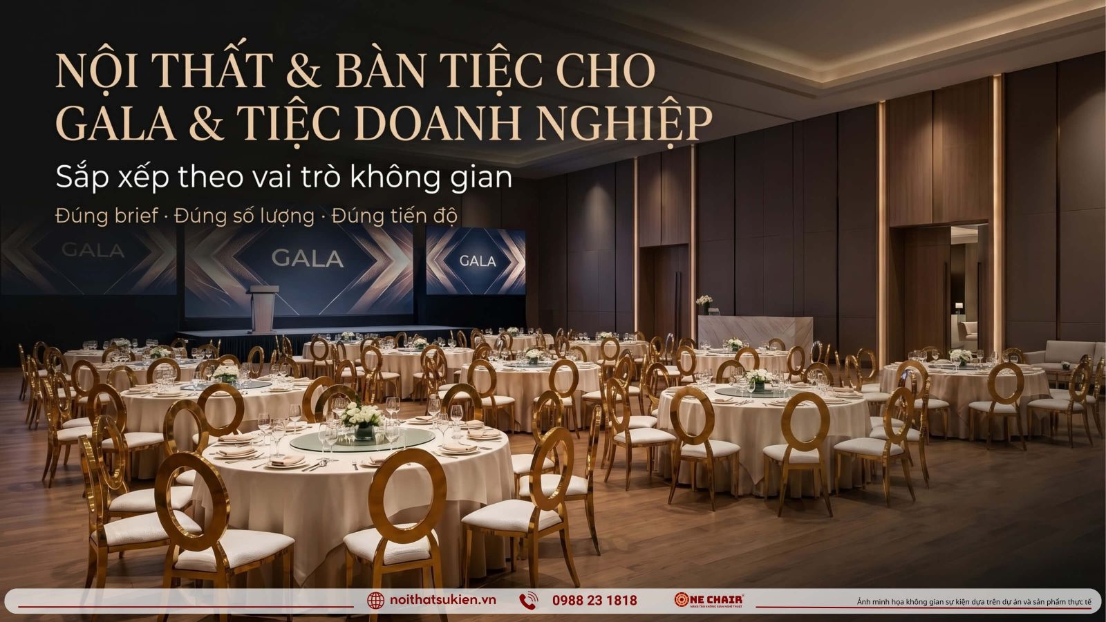 Khong gian gala doanh nghiep bo tri ban tiec tron san khau vinh danh va khu don khach