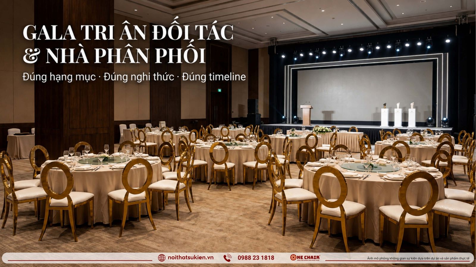 Khong gian gala tri an doi tac nha phan phoi bo tri san khau vinh danh bang xep hang dai ly ban tiec va khu VIP