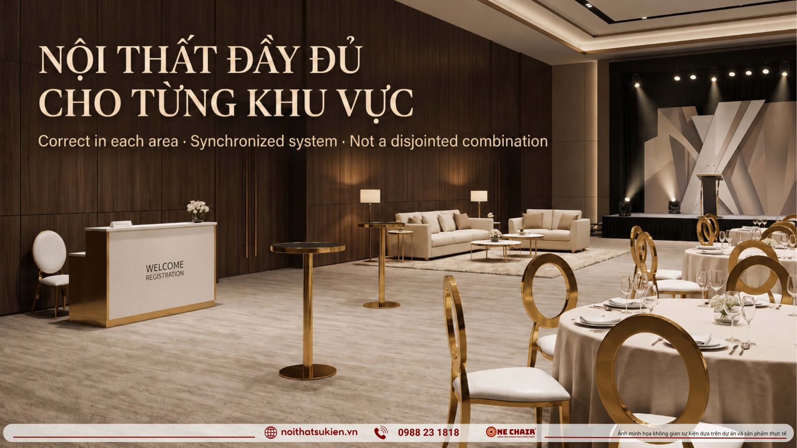 Cac khu vuc noi that gala tai chinh tu ban tiec tron ban lanh dao den khu VIP va quay don khach