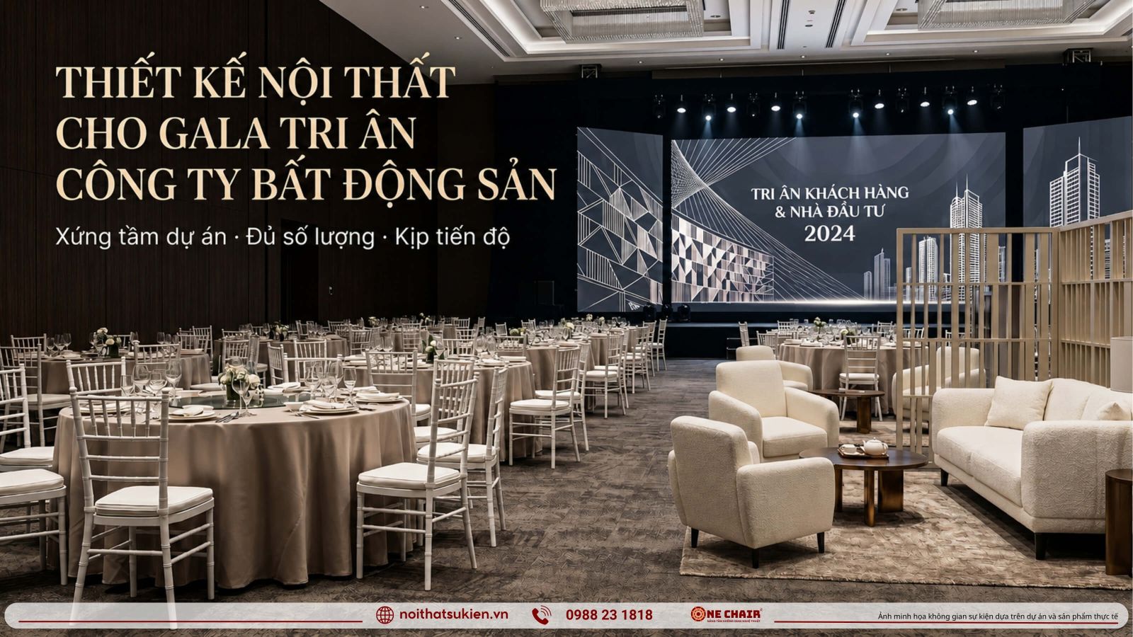 Khong gian gala tri an bat dong san bo tri ban tiec tron san khau va khu VIP nha dau tu quy mo lon