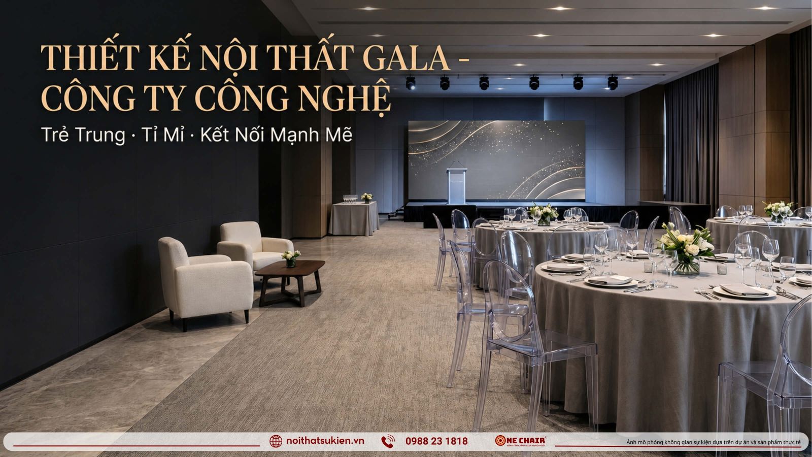 Khong gian gala cong ty cong nghe bo tri san khau vinh danh khu networking lounge va ban tiec