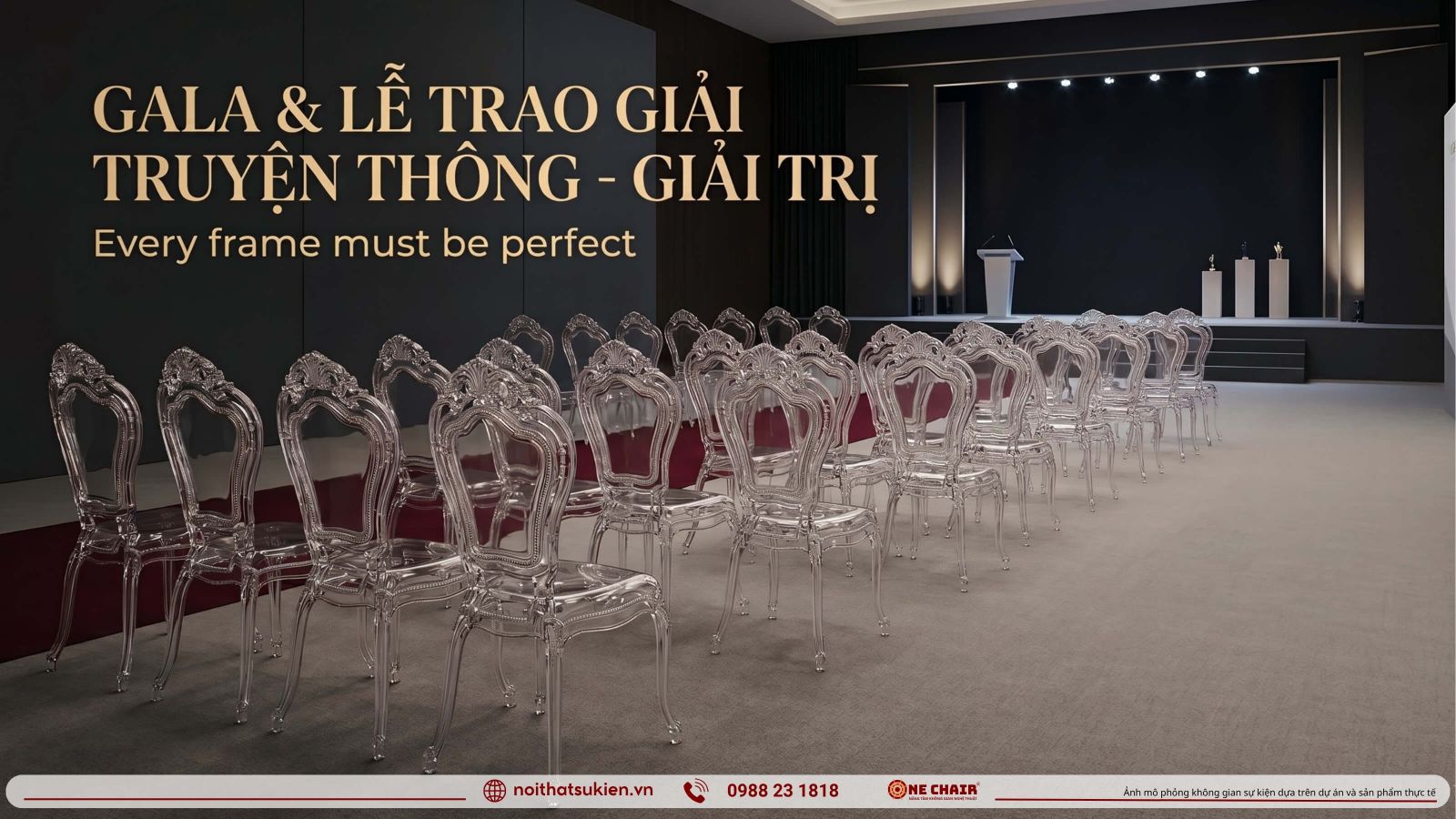 Khong gian gala trao giai truyen thong giai tri bo tri san khau tham do media wall va ghe khan gia