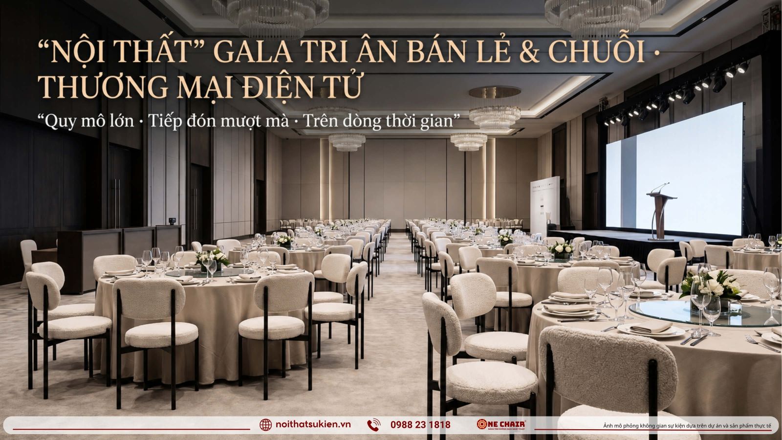 Khong gian gala tri an he thong ban le chuoi bo tri nhieu ban tiec tron san khau vinh danh va khu don khach lon