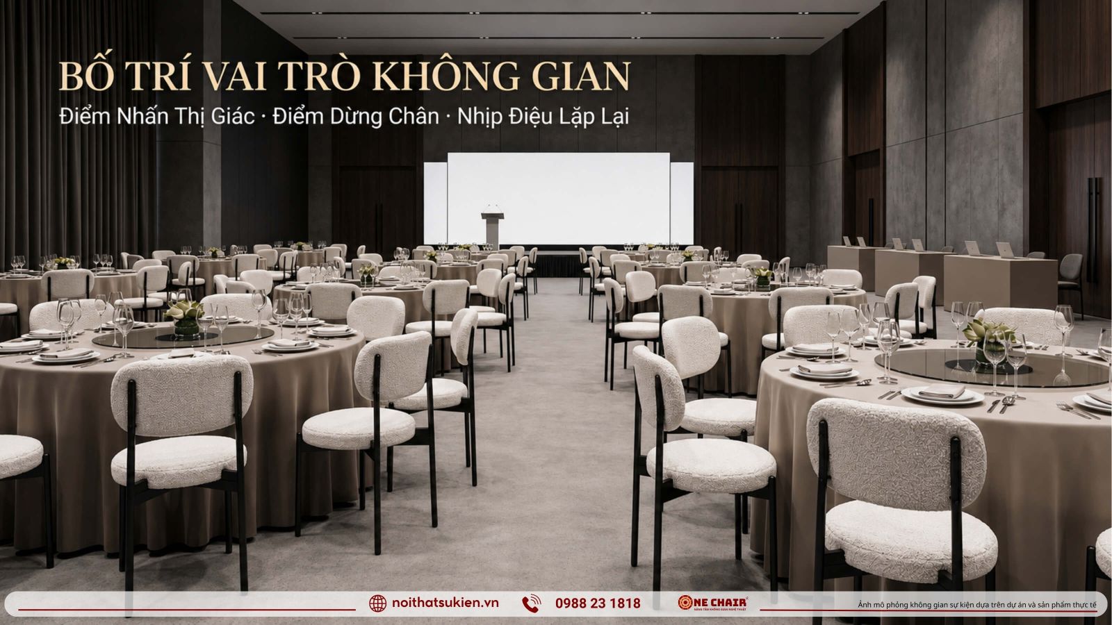 San khau vinh danh khu don khach lon va nhieu day ban tiec tron the hien ba vai tro khong gian gala ban le