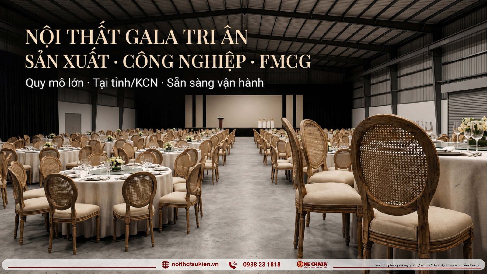 Khong gian gala tri an nganh san xuat cong nghiep bo tri nhieu ban tiec tron san khau vinh danh tai tinh