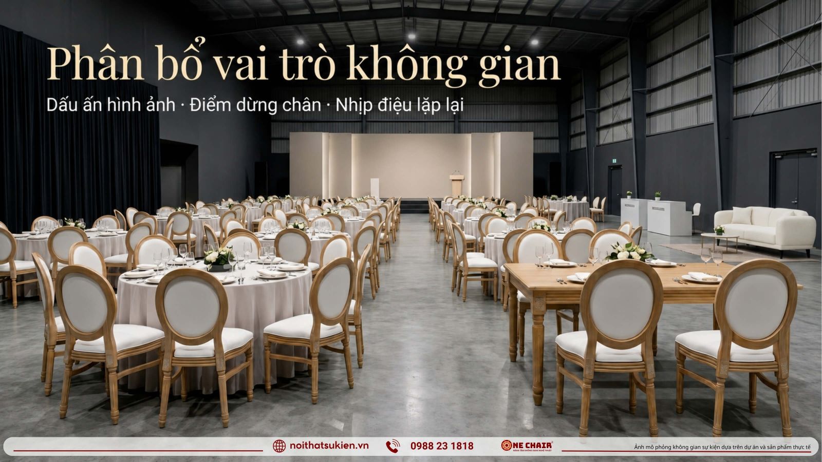 San khau vinh danh khu don khach va nhieu day ban tiec tron the hien ba vai tro khong gian gala san xuat