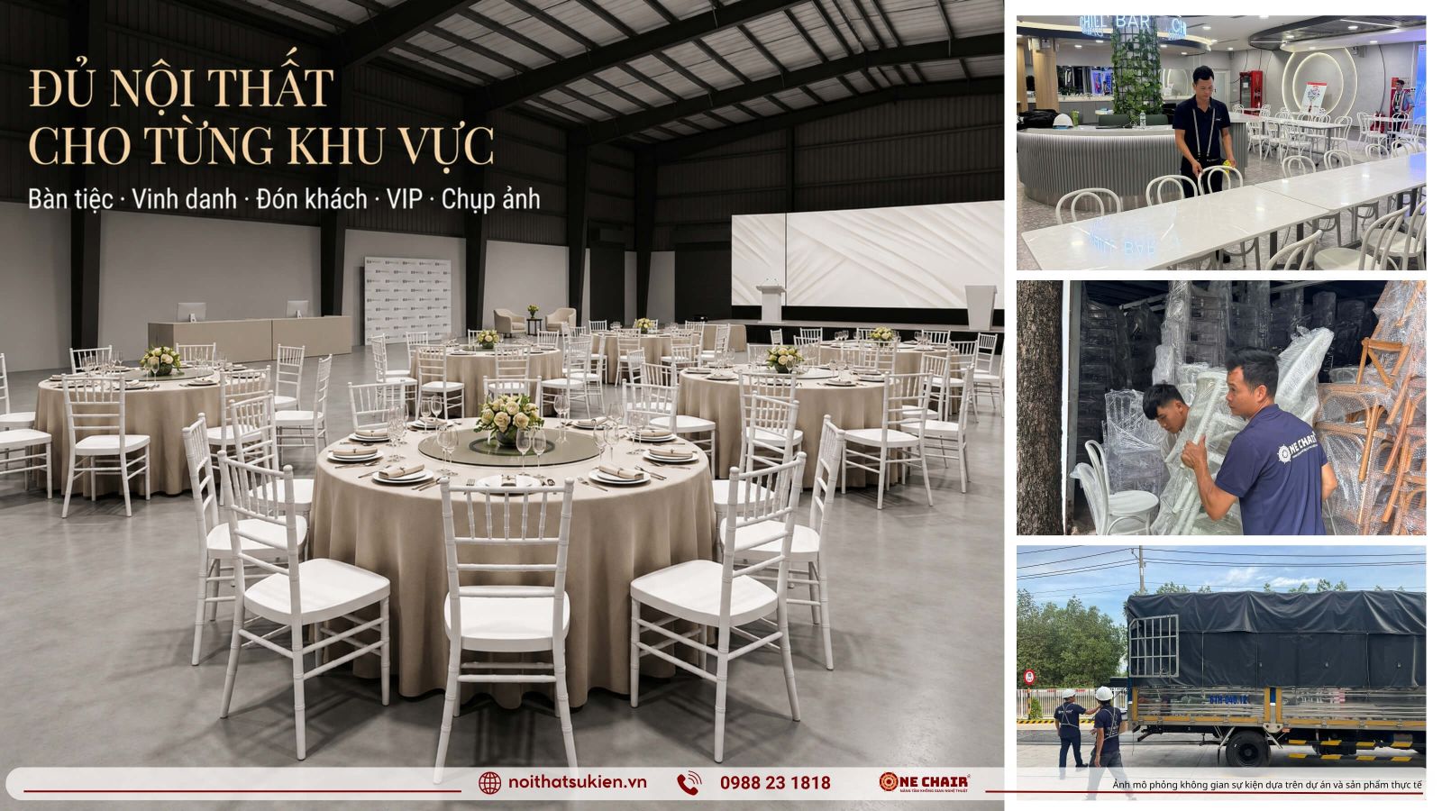 Cac khu vuc noi that gala san xuat tu nhieu ban tiec tron san khau vinh danh den khu don khach va khu VIP doi tac