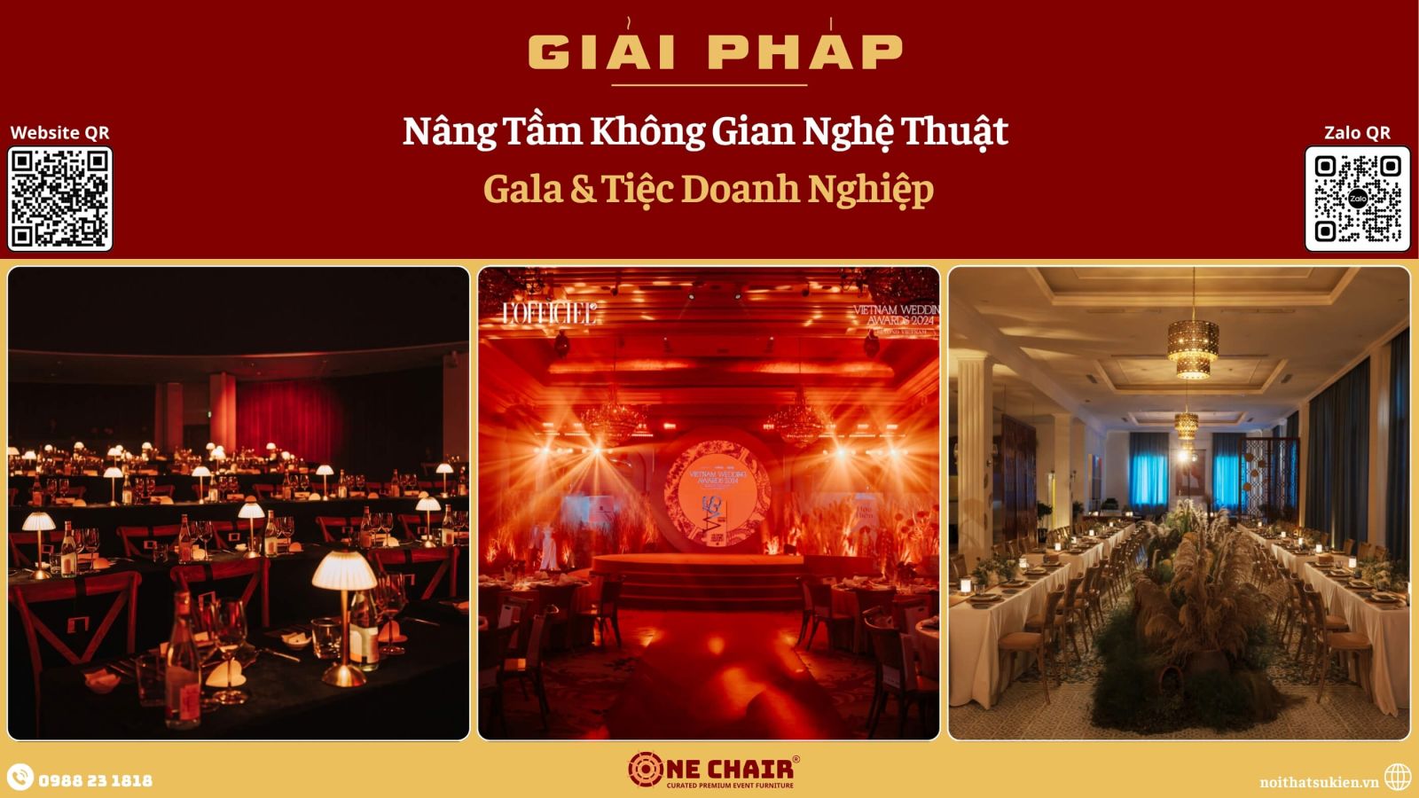 Bàn tiệc tròn và ghế danh dự gala dựng theo brand guideline thương hiệu