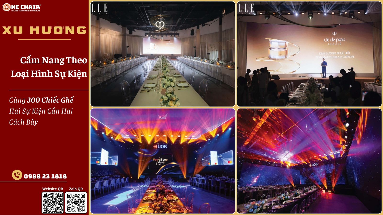 Nội thất sự kiện cao cấp bố trí theo loại hình — khu khán phòng, bàn tiệc và khu lounge trong một sự kiện doanh nghiệp