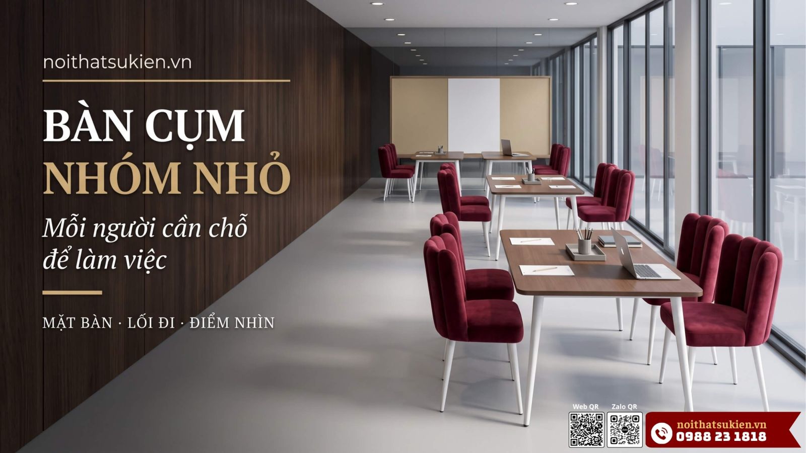 Bo tri ban ghe workshop theo cum nhom nho 4 den 6 nguoi quanh mat ban lam viec