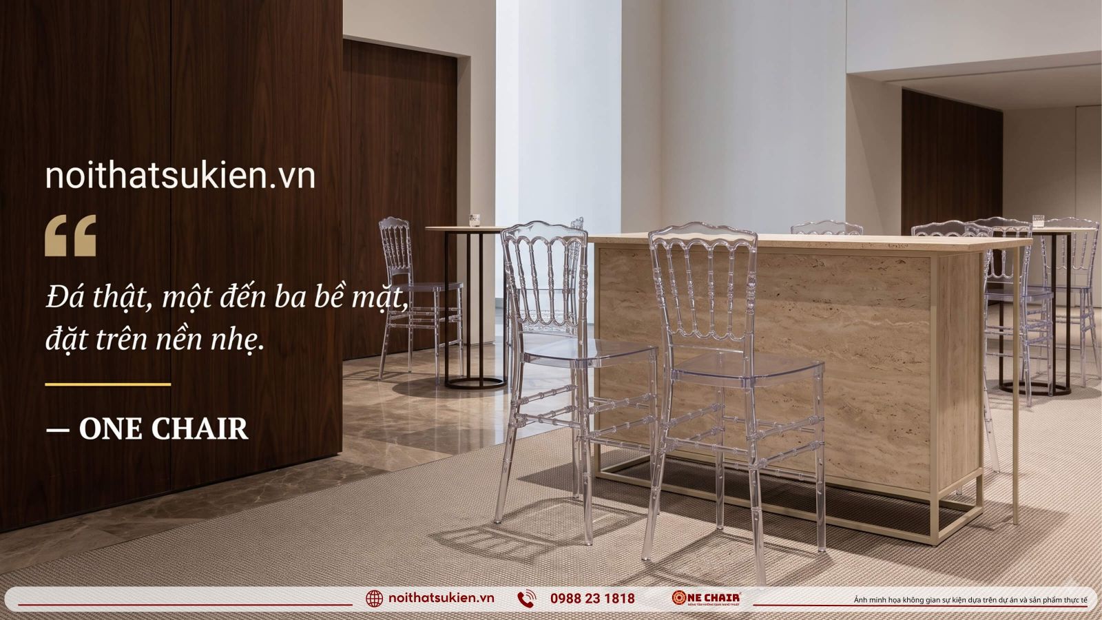 Quầy bar mặt đá travertine làm bề mặt điểm nhấn trong sự kiện doanh nghiệp