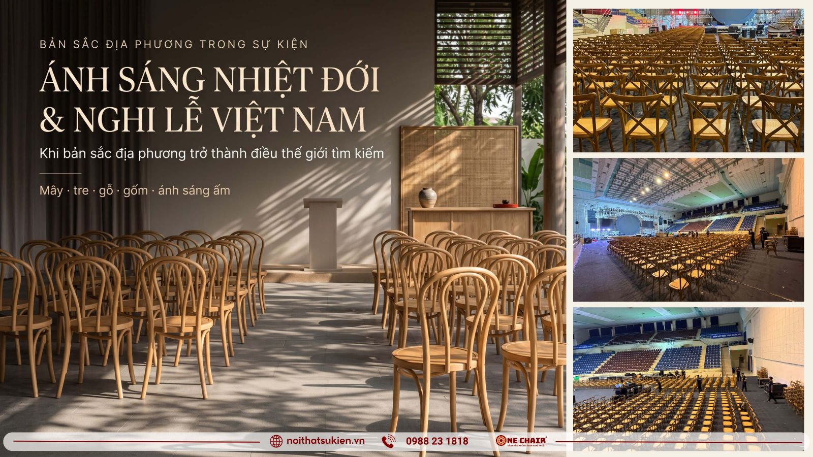 Khong gian su kien dung chat lieu may tre va anh sang am mang ban sac Viet