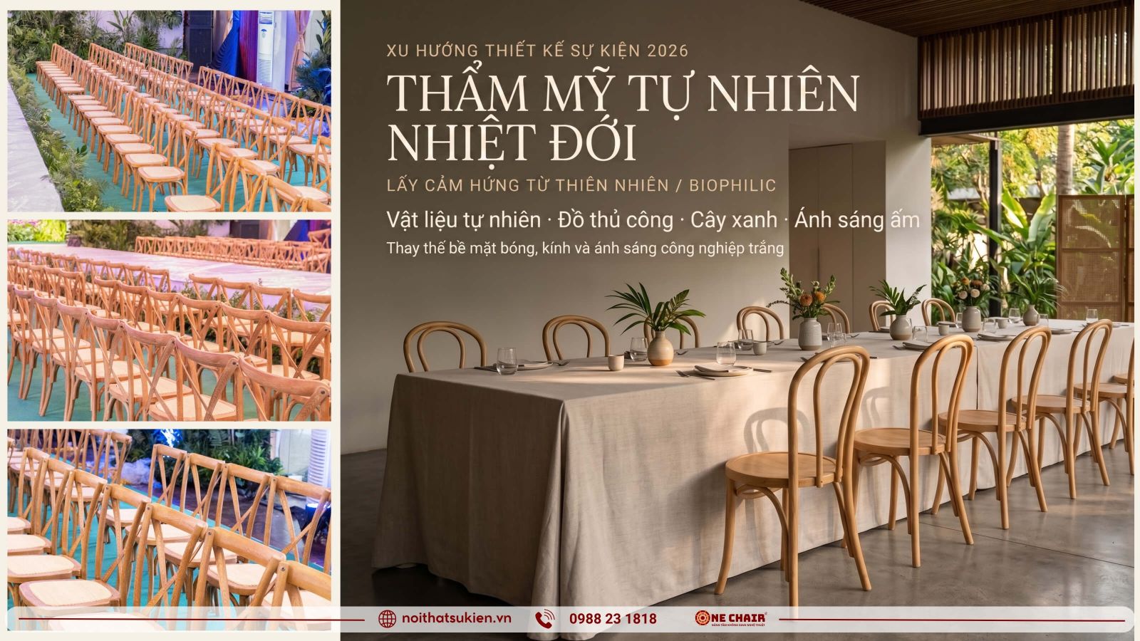 Ban tiec su kien dung vat lieu tu nhien va cay xanh theo xu huong biophilic 2026