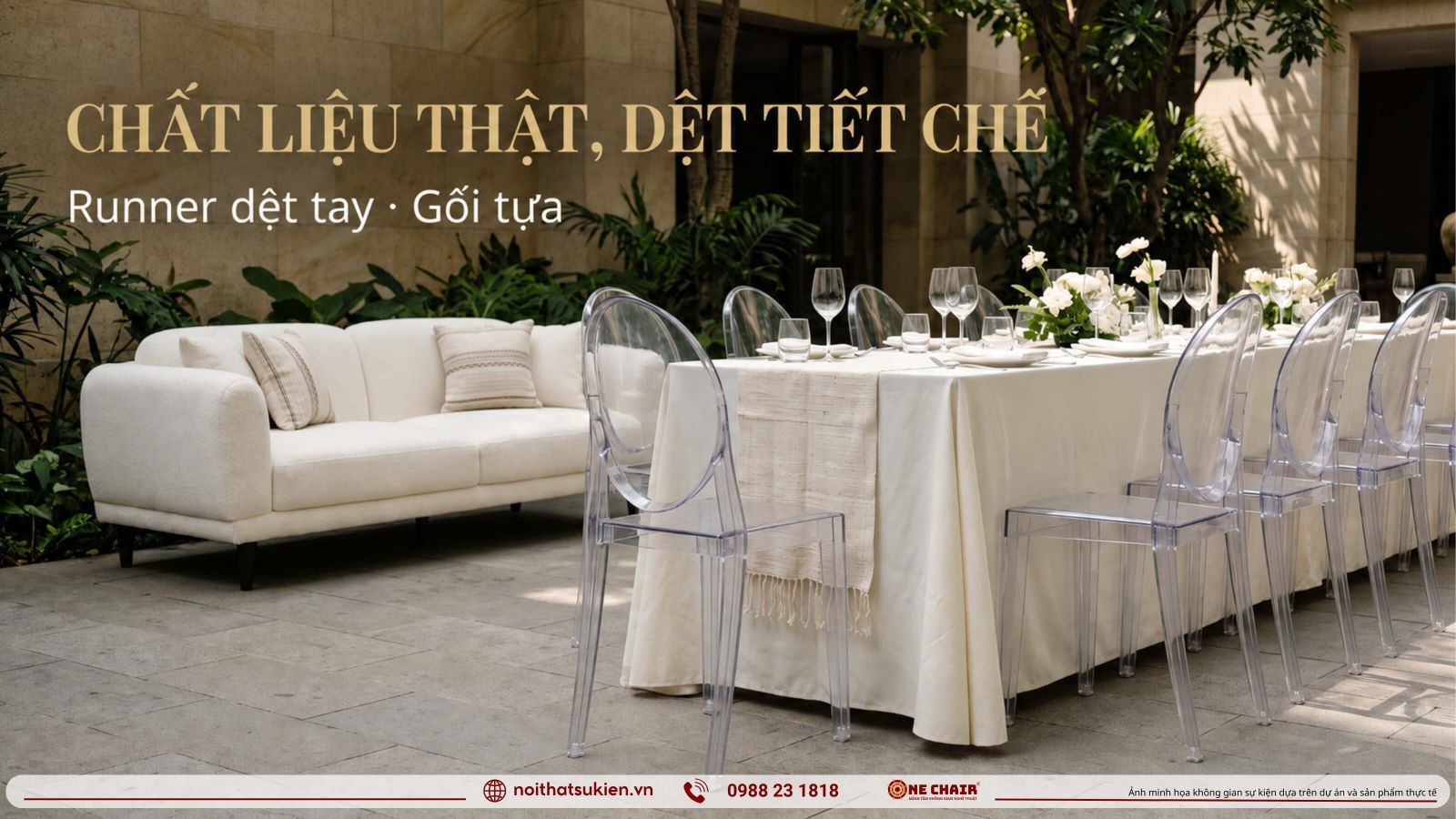 Runner dệt tay và gối tựa thổ cẩm làm điểm nhấn trên bàn tiệc và khu lounge