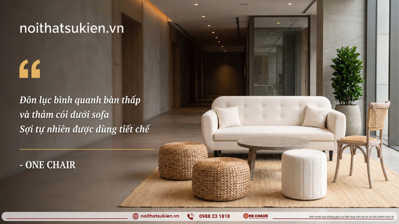 Đôn lục bình và thảm cói làm điểm nhấn kết cấu trong khu lounge sự kiện