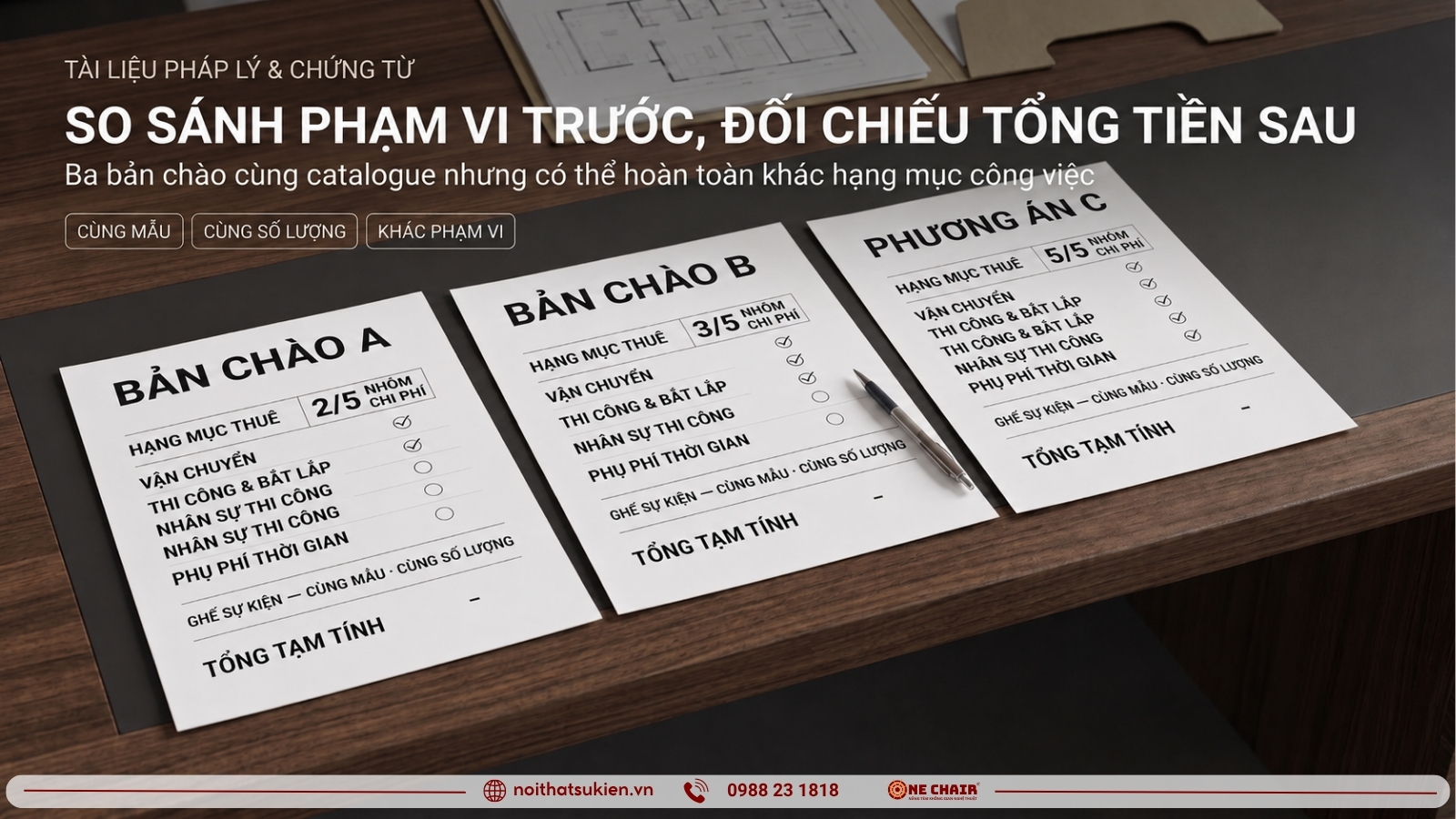 Ba bản chào giá thuê nội thất sự kiện đặt cạnh nhau để đối chiếu phạm vi chi phí