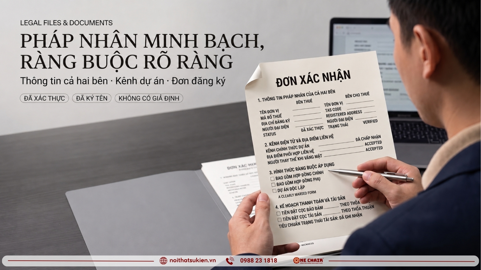 : Bản xác nhận đơn dự án nội thất sự kiện với phần thông tin pháp nhân và dạng ràng buộc