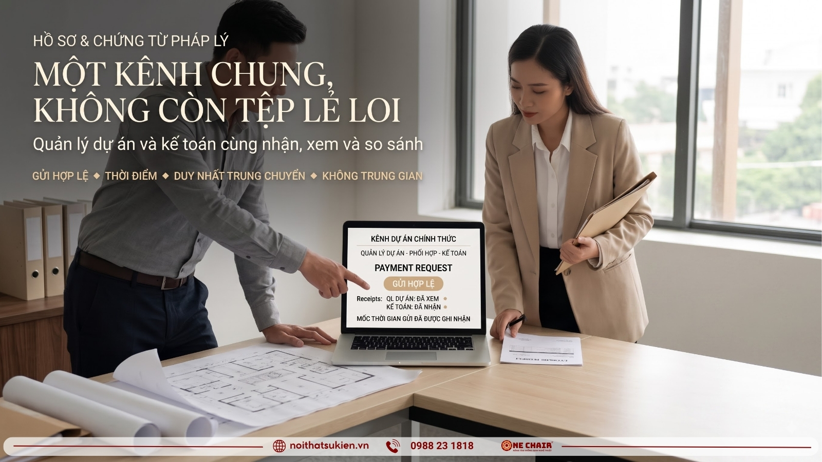 Người phụ trách dự án và bộ phận kế toán cùng theo dõi chứng từ dự án nội thất sự kiện trên một kênh chung