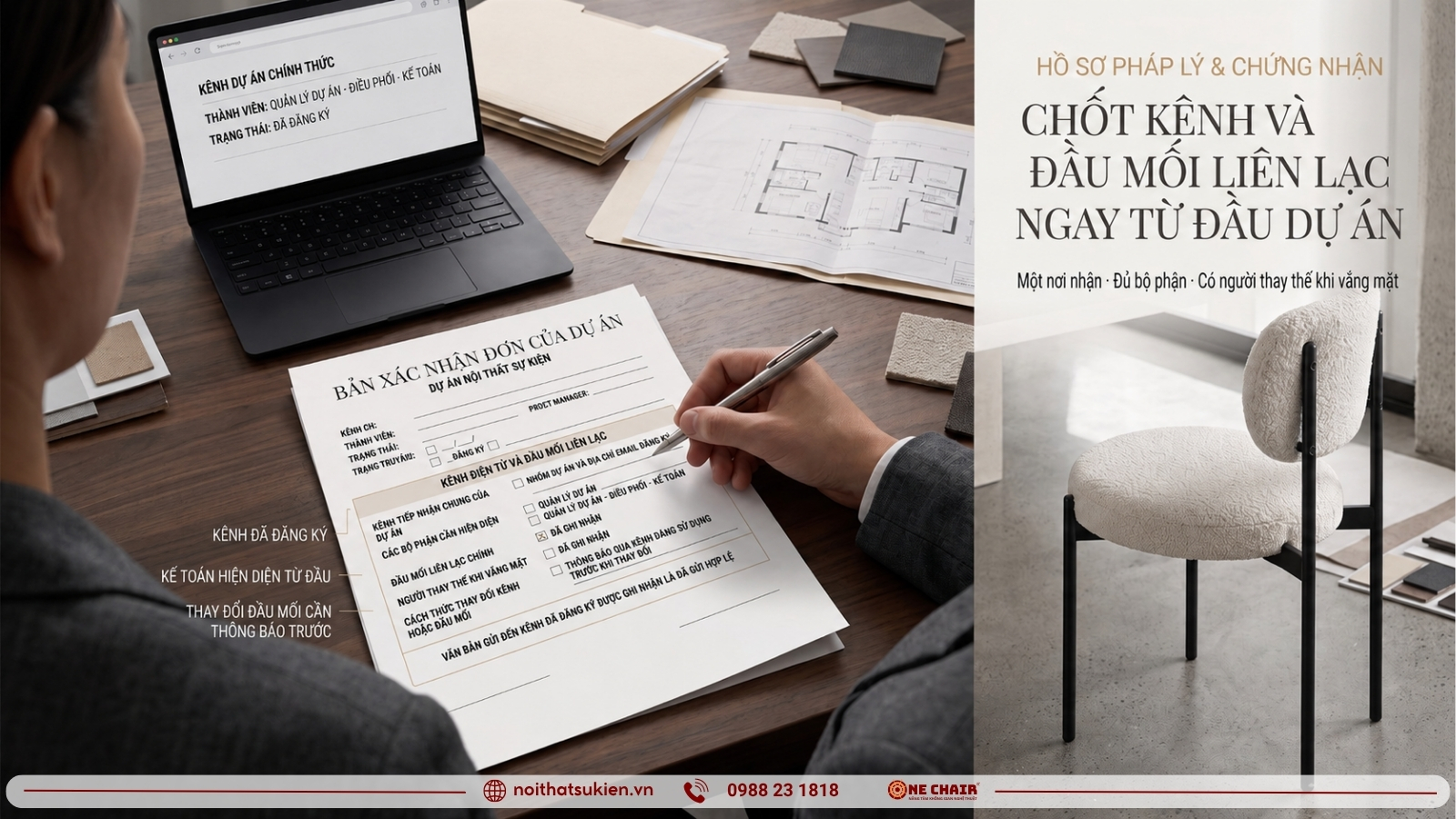 Bản xác nhận đơn dự án nội thất sự kiện có phần ghi kênh điện tử và đầu mối liên hệ