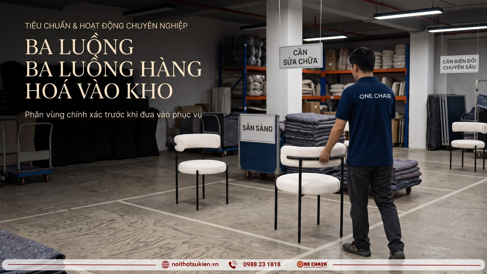 Khu vực kho phân luồng bàn ghế sự kiện sau khi thu hồi về, tách riêng hàng cần tân trang