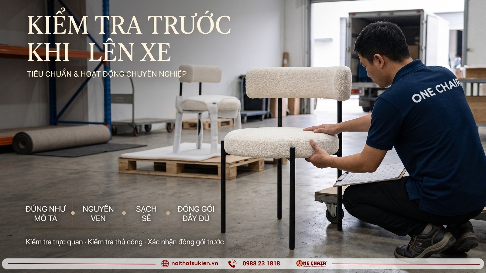 Nhân sự kiểm tra khung và bề mặt ghế sự kiện tại kho trước khi cho lên xe