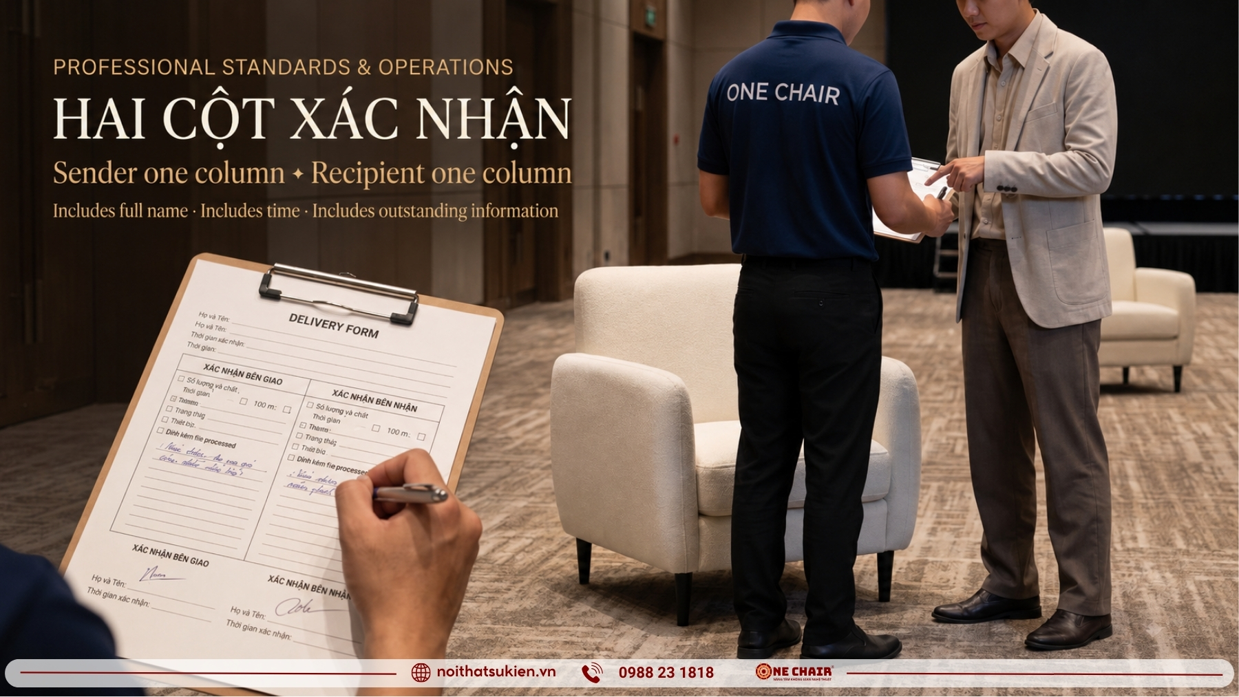 Phiếu giao hàng nội thất sự kiện với hai cột xác nhận của bên giao và bên nhận
