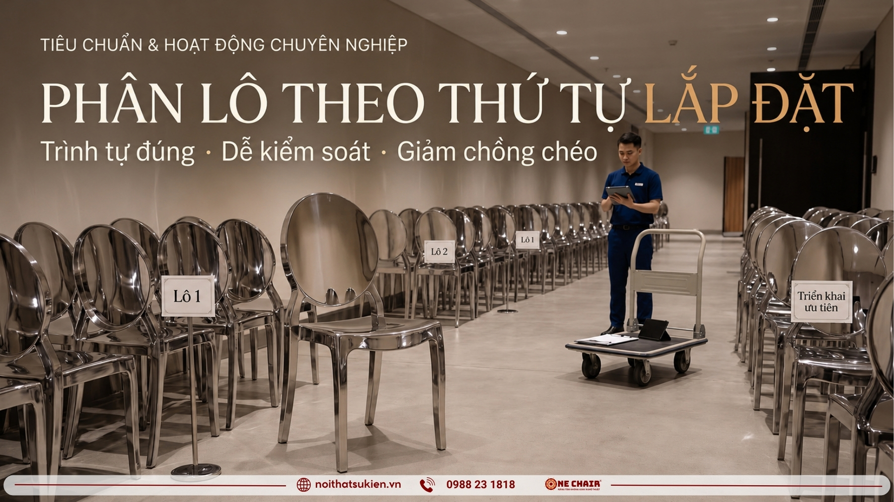 Khu vực tập kết bàn ghế sự kiện được chia lô theo thứ tự lắp đặt