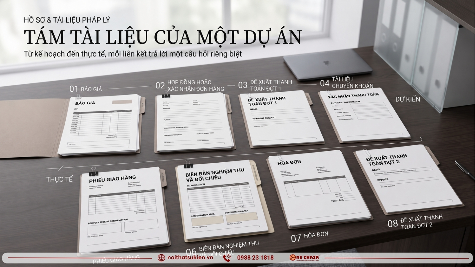 Bộ chứng từ của một dự án nội thất sự kiện xếp theo thứ tự từ báo giá tới hoá đơn