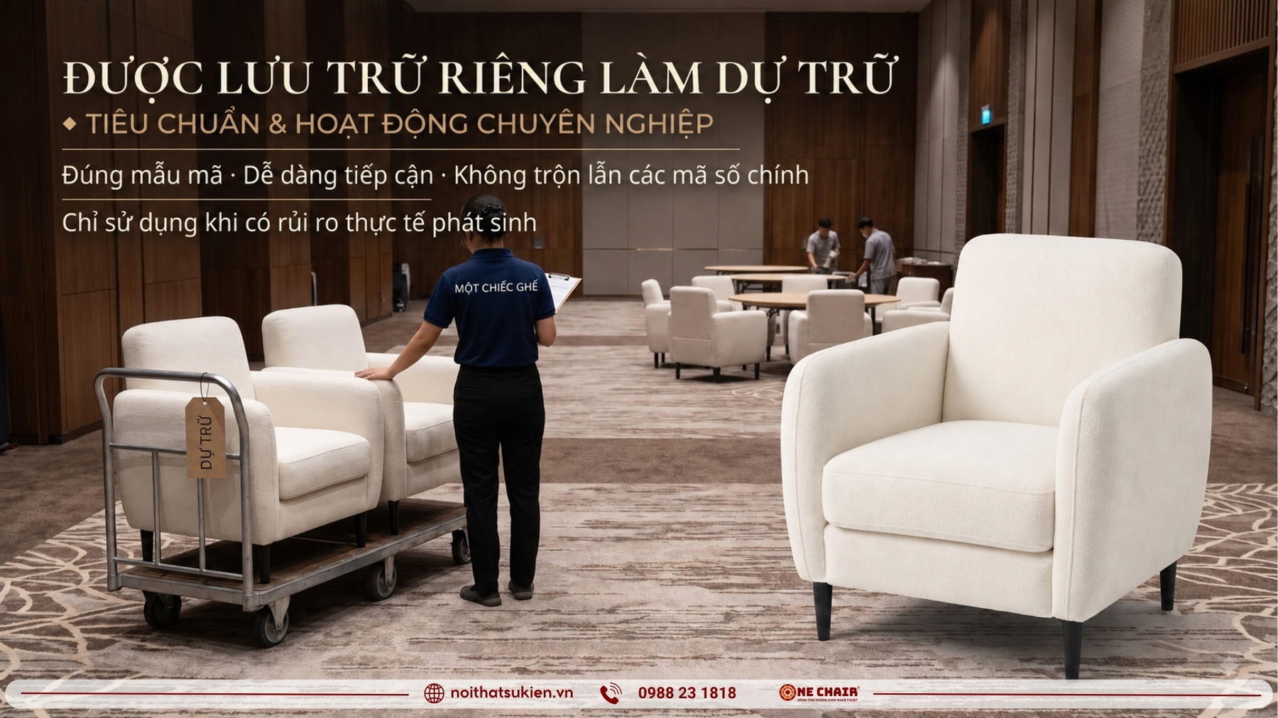 Bàn ghế sự kiện dự phòng được xếp riêng một khu tại hiện trường trong lúc setup