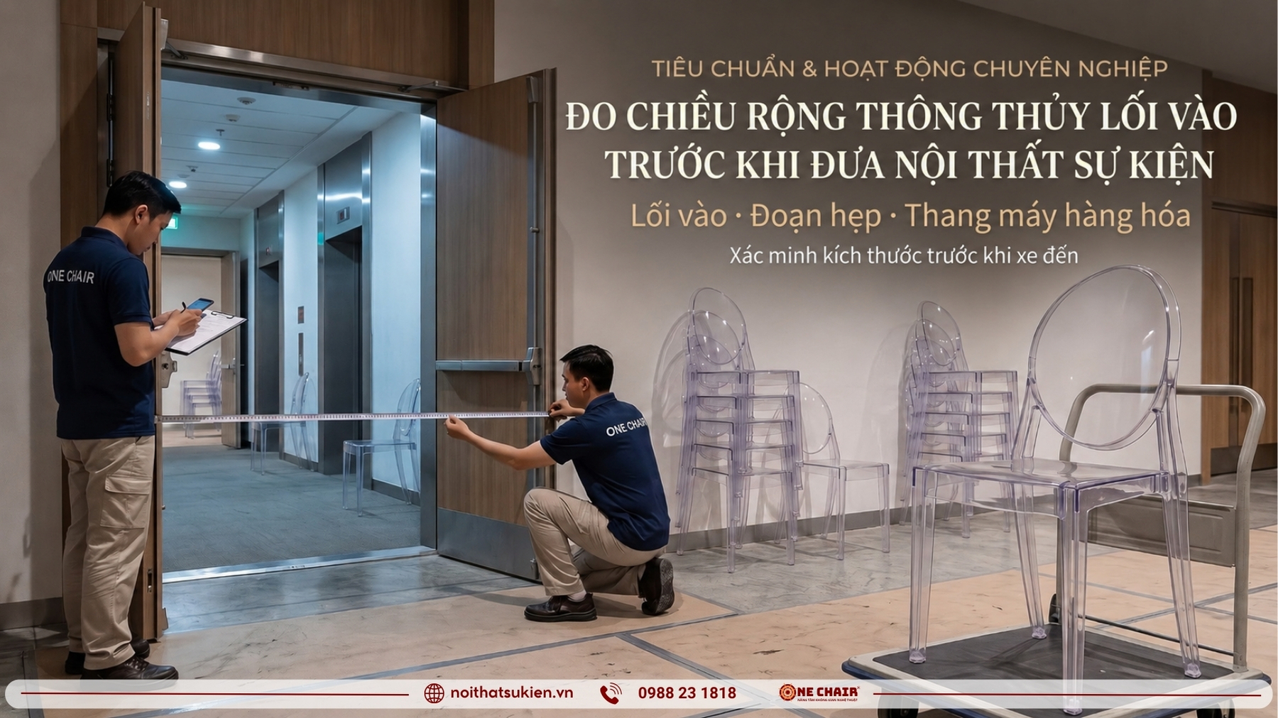 Nhân sự đo chiều rộng thông thuỷ lối vào trước khi đưa nội thất sự kiện vào sảnh