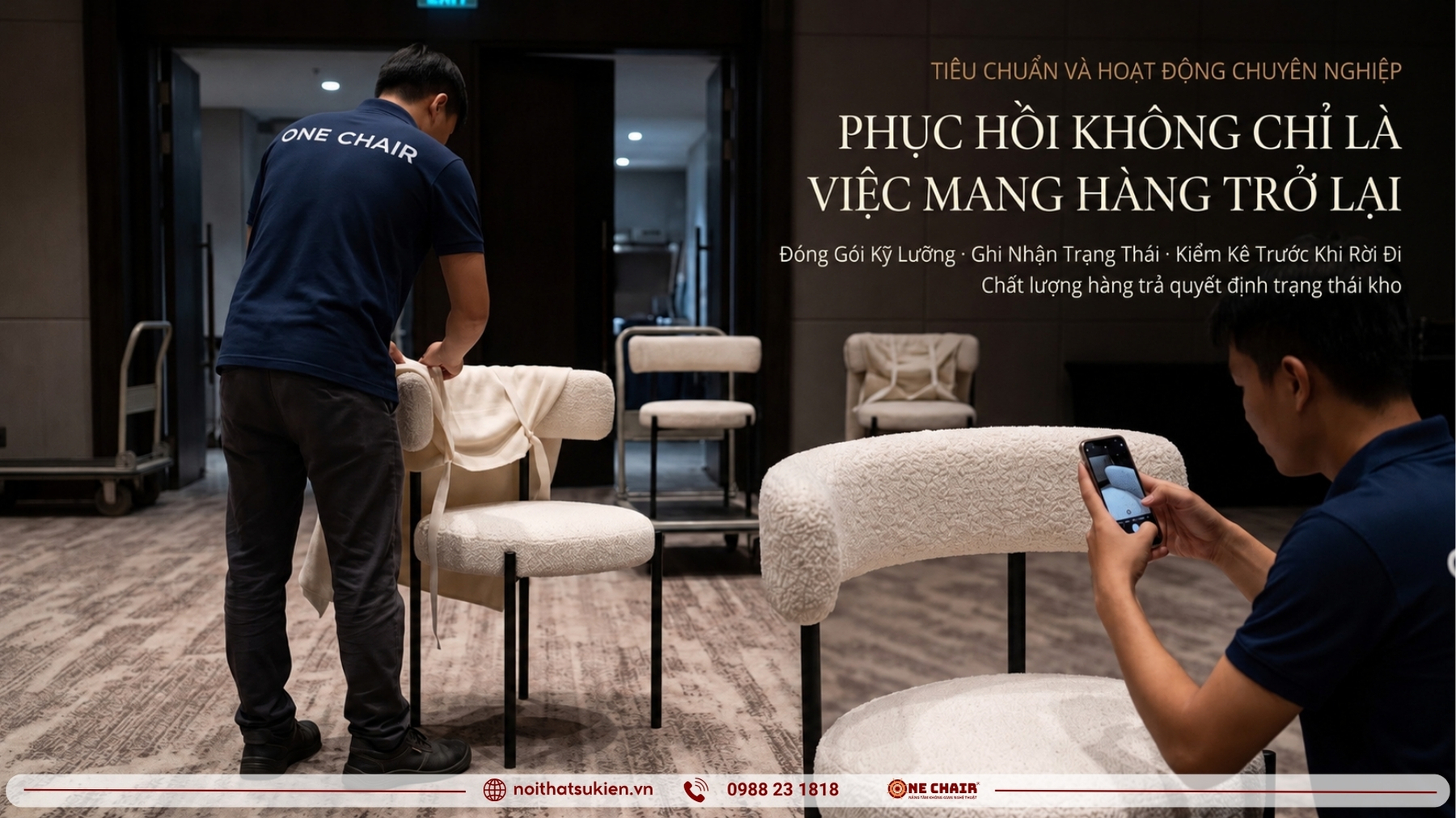 Nhân sự đóng gói bàn ghế sự kiện tại hiện trường trong chặng thu hồi cuối buổi