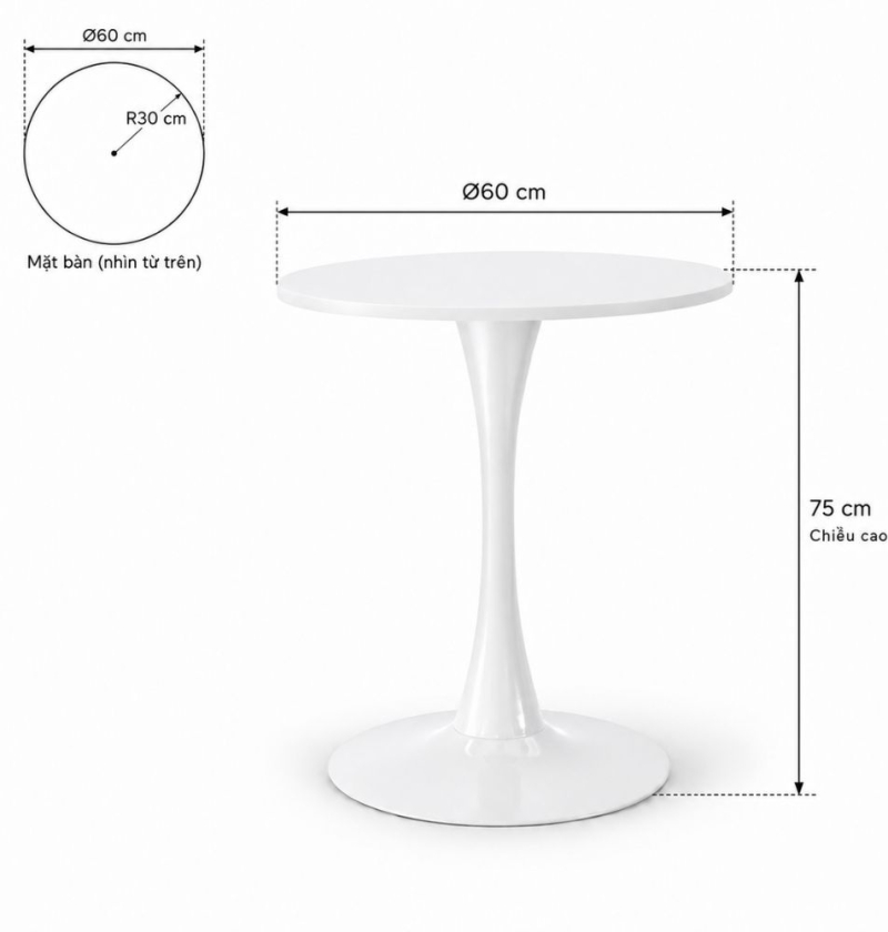 Bàn Tulip 75cm - Trắng; Ø60cm