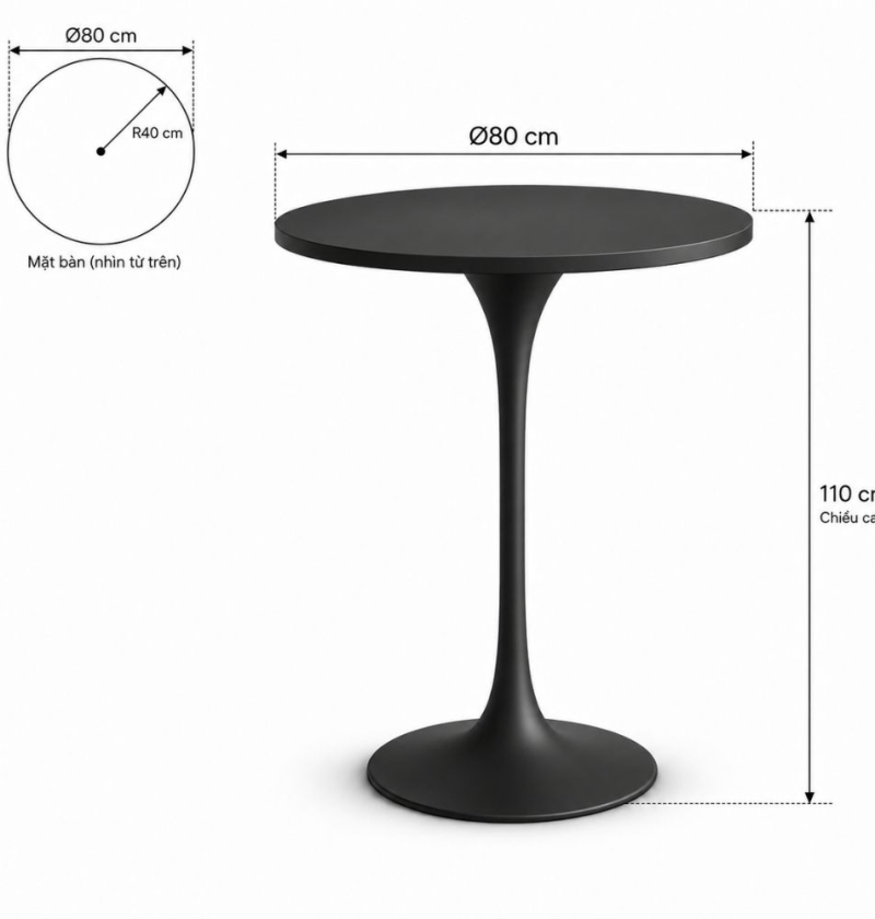 Bàn Bar Tulip 110cm - Đen; Ø80cm
