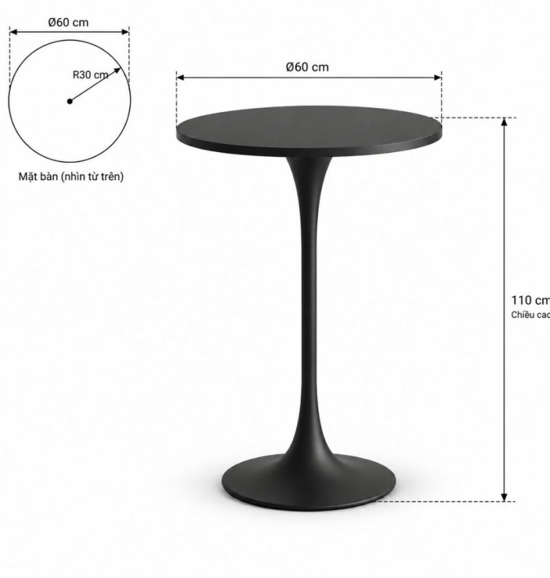 Bàn Bar Tulip 110cm - Đen; Ø60cm
