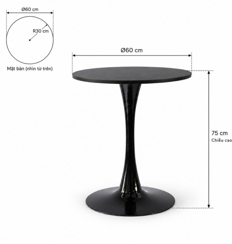 Bàn Tulip 75cm - Đen; Ø60cm