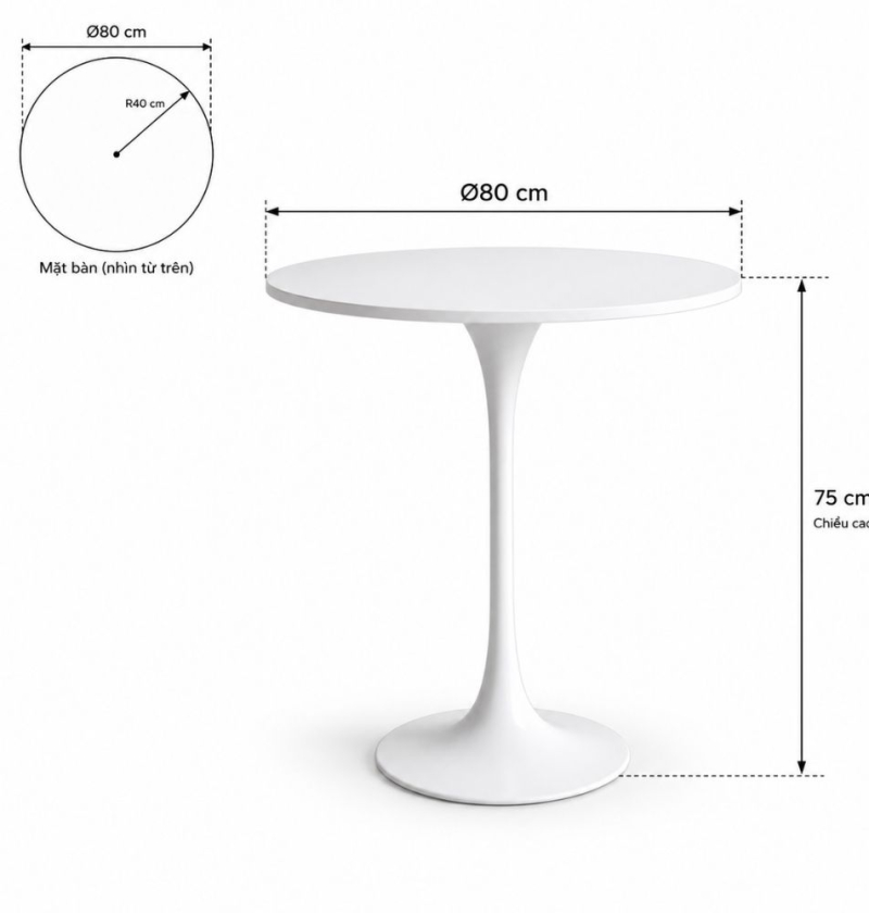 Bàn Tulip 75cm - Trắng; Ø80cm